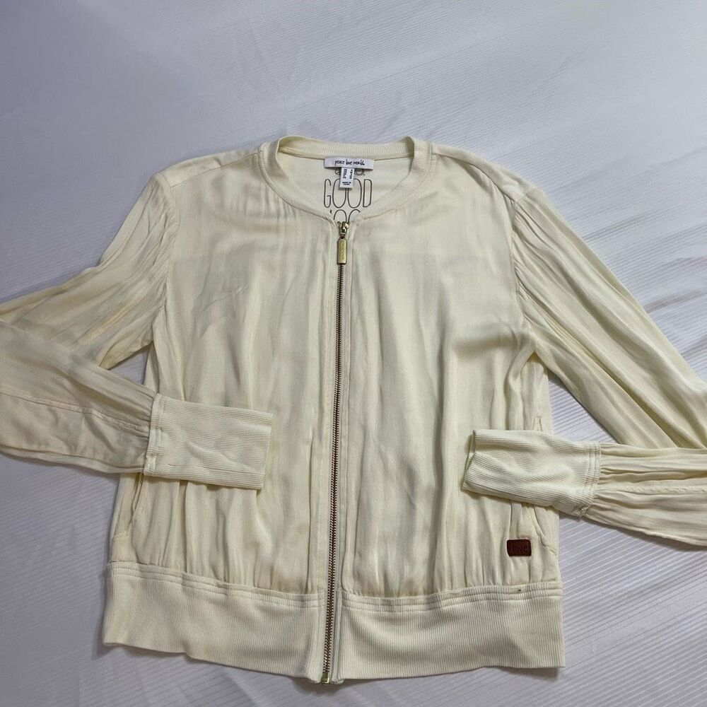 Peace Love World Cream Zip Front Summer Bomber Jacket Size Small